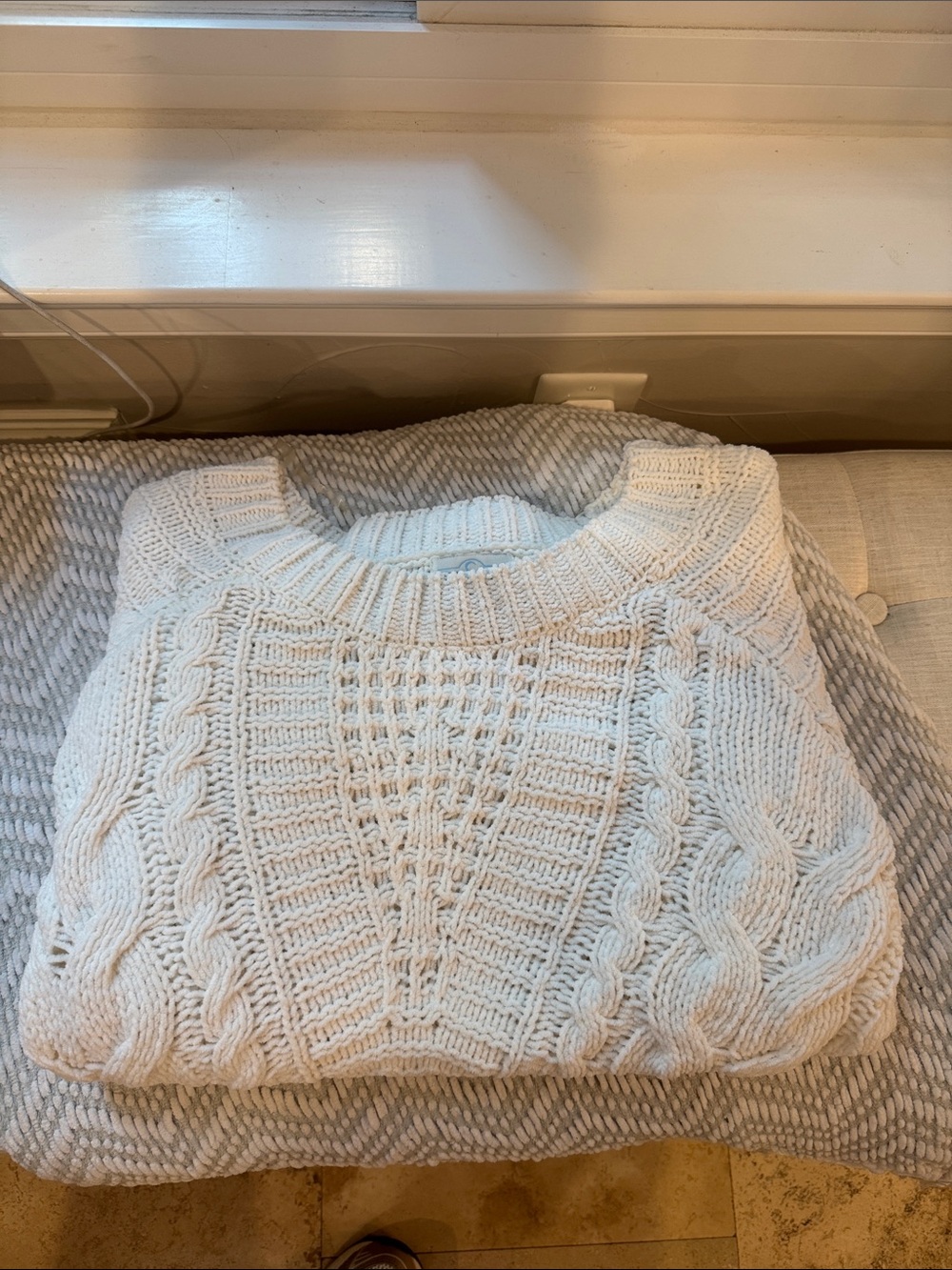 Cable Knit Crewneck Sweater in Cream